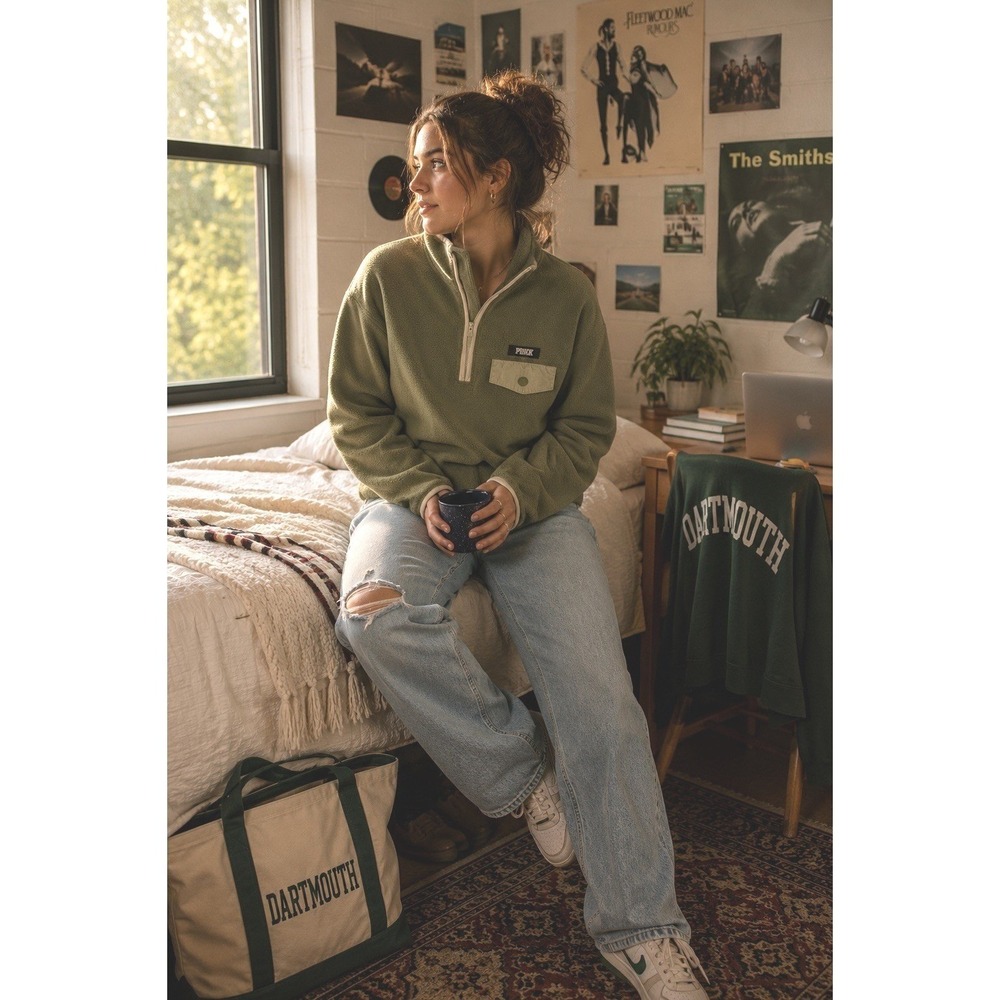 PINK Fleece Quarter Zip Pullover Woodland Olive Kangaroo Pocket Womens Medium